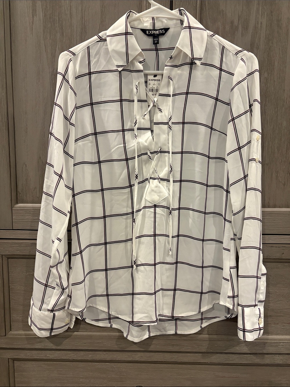 Express White Windowpane Lace-Up Button Shirt